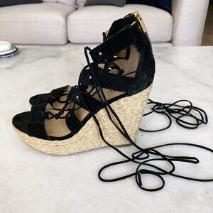 Michael Kors black & tan lace up platform wedge sandal / high heel / shoes